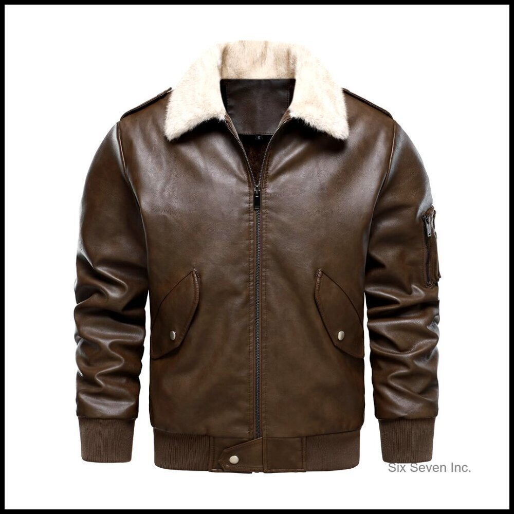 Faux Leather Aviator Bomber Jacket with Fur Collar Fleece Lined Vintage Biker
